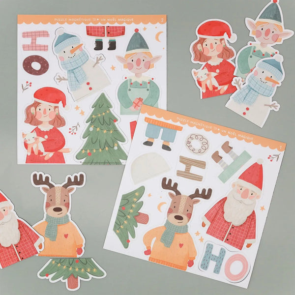 Magnetisk julepuslespil fra Ferflex med julefigurer, juletræ og Ho Ho Ho-magneter